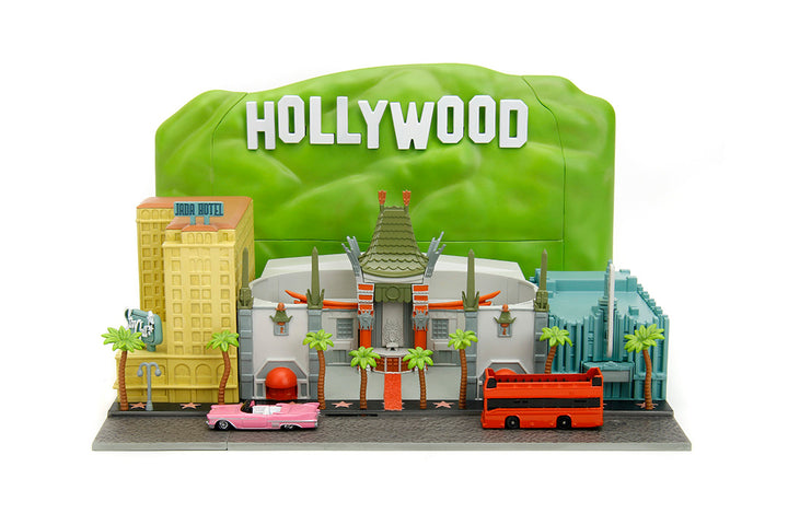 Hollywood 100 Featuring the Hollywood Walk of Fame Nano Scene w/ 1.65" 1958 Cadillac Series 62 and Tour Bus Die-Cast Vehicles