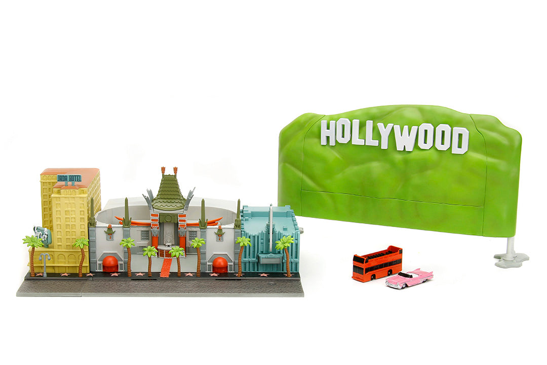 Hollywood 100 Featuring the Hollywood Walk of Fame Nano Scene w/ 1.65" 1958 Cadillac Series 62 and Tour Bus Die-Cast Vehicles